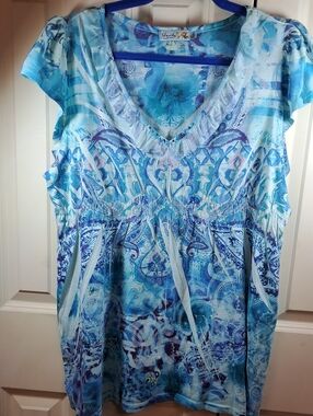 Unity World Wear Blue Printed V-Neck Tunic with Ruffle Trim